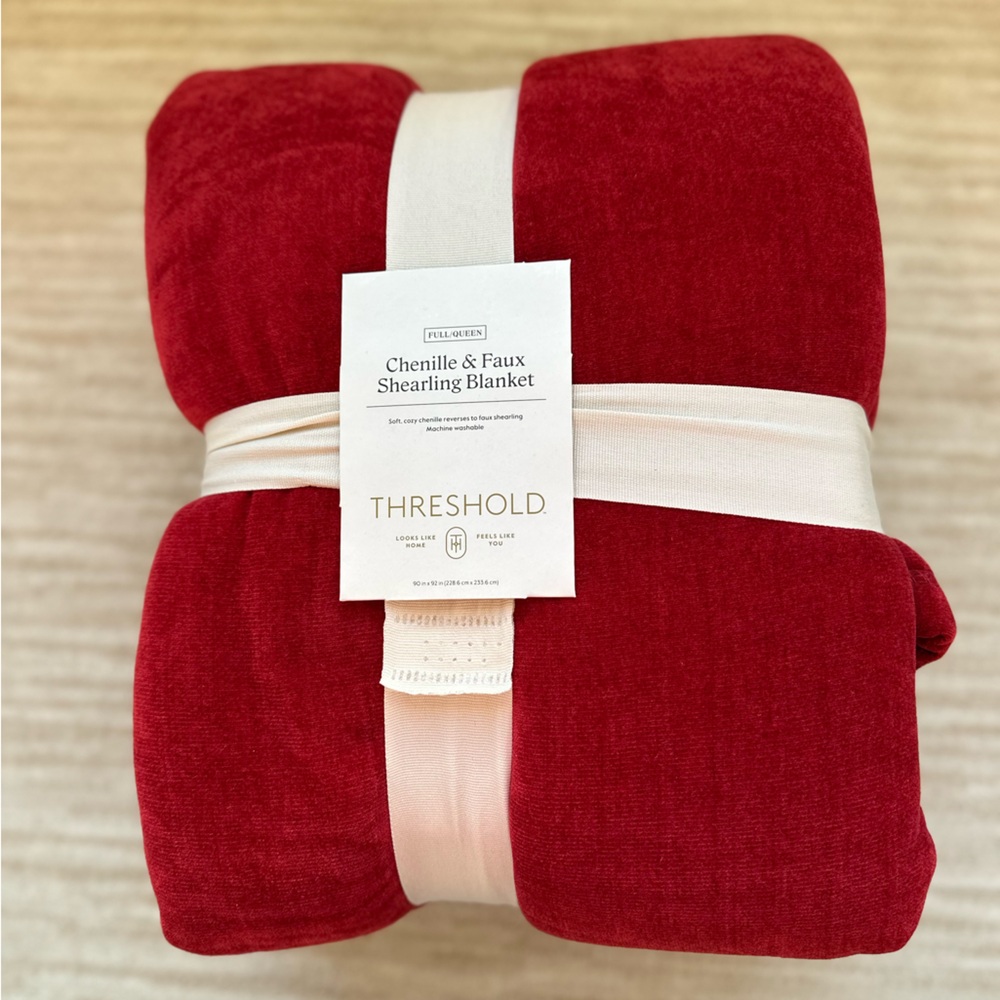 Threshold Chenille & Faux Shearling Blanket Reverse Plush Red Full Queen 90”x92”